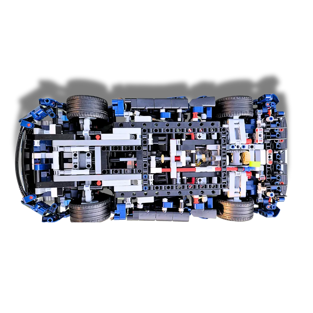 Underside view of the brick-built Ford GT sports car model, showcasing detailed chassis, suspension system, drivetrain, and mechanical components