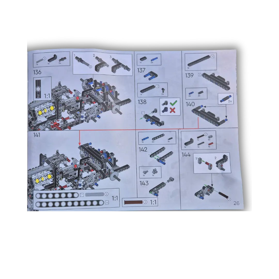 Instruction manual page for the brick-built Ford GT model, displaying detailed step-by-step assembly guides, part illustrations, and component placement instructions
