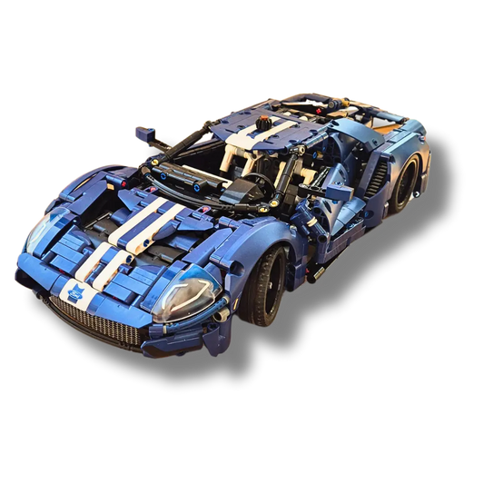 Brick-built Ford GT sports car model in blue with white racing stripes, featuring a detailed aerodynamic design, opening doors, and realistic headlights